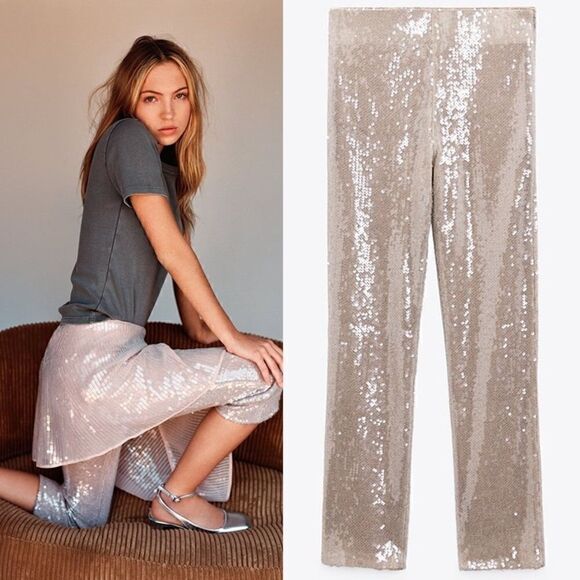 ZARA SEQUIN CROPPED PANTS - Picture 2 of 7